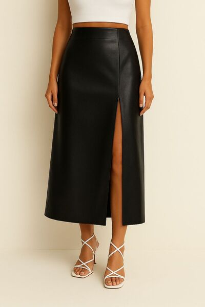 AL&SU BUTİK kadın deri midi boy ön baçak yırtmaçlı etek