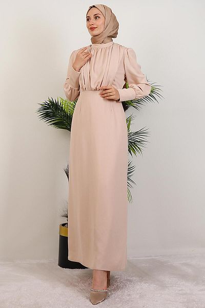 GİYZAMİLA Pleated Satin Dress from the Bust Cream