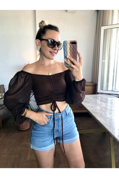 Gözde Tasarım Butik Women's Blue Color Folding Leg Short Lycra Denim Shorts