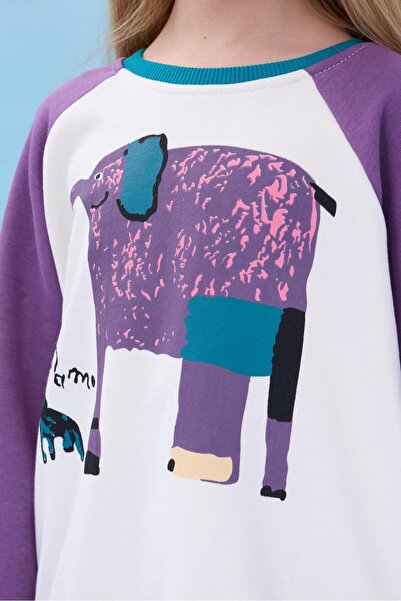 Perendi Εποχιακό φούτερ για κορίτσια με στάμπα ελέφαντα με λαιμόκοψη - εκρού/μωβ