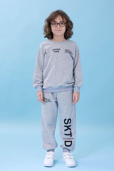 Perendi Boy's Crew Neck Printed Seasonal Top and Bottom Set - Gray