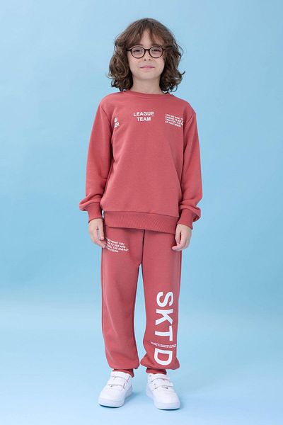 Perendi Boy's Crew Neck Printed Seasonal Top and Bottom Set - Tile