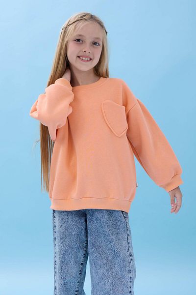 Perendi Girl's Heart Pocket Detailed Balloon Sleeve Hooded Sweatshirt - Peach