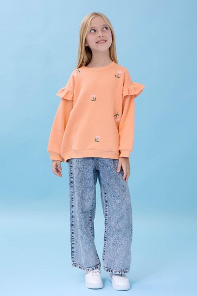Perendi Girl's Ruffle Detailed Floral Embroidered Hooded Oversize Sweatshirt - Peach
