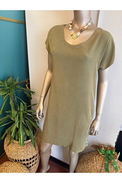 DOLCE QUEEN Women's V Neck Short Sleeve Dress Khaki