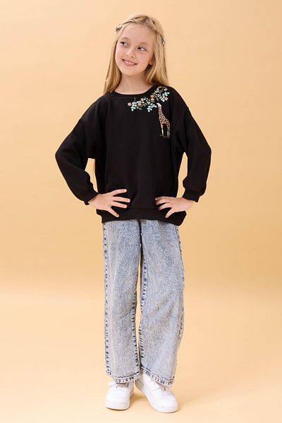Perendi Girl's Giraffe Embroidered Seasonal Oversize Sweatshirt – Black