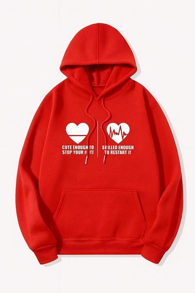 CLASSY.MODA Heart and Ecg Pattern Hooded Sweatshirt - Romantic and Stylish Design