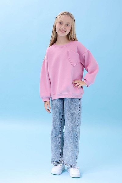 Perendi Girl's Heart Pocket Detailed Balloon Sleeve Hooded Sweatshirt - Light Rose