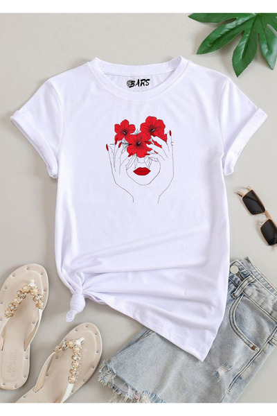 barsdepo Tricou cu imprimeu trandafiri pentru femei, tricou alb oversize unisex