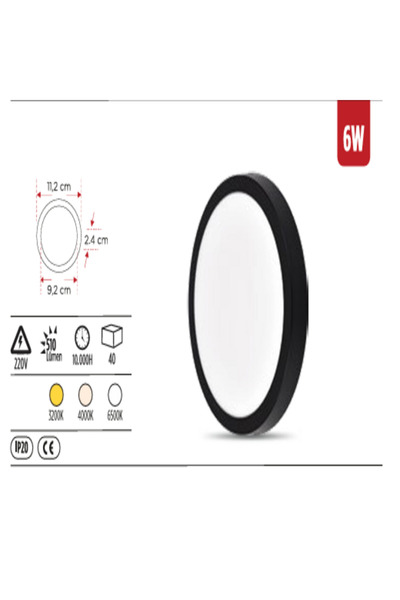 YCL ASM 1206 6W Yuvarlak Sıva Üstü LED Panel – Siyah Kasa3000K Gün Işığı