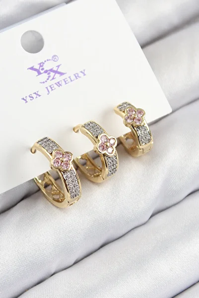 Toptan Bulurum Brass Zircon Stone 3-Piece Ring Clover Model Gold and Silver Color Women's Earrings
