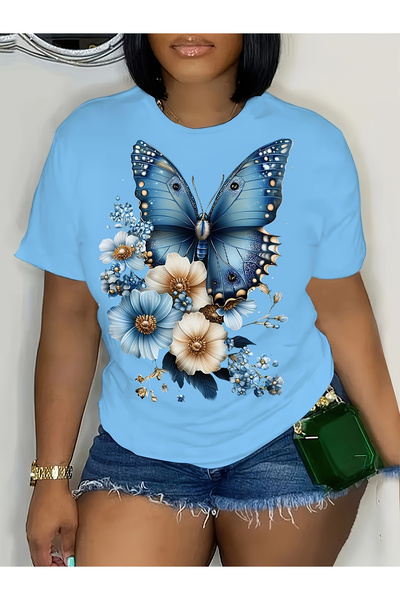 GALASHOP تي شيرت مطبوع عليه فراشات وزهور للنساء
