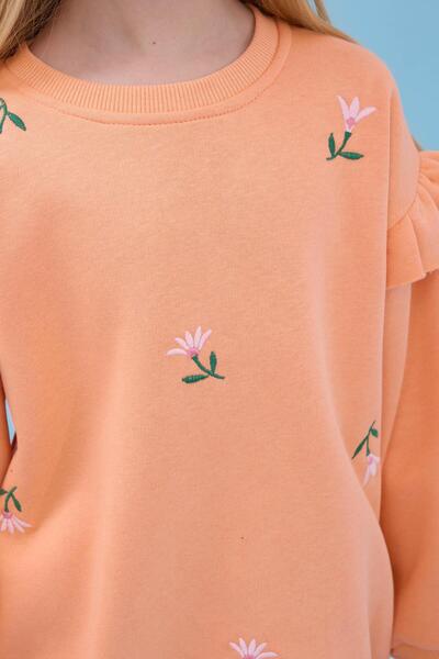 Perendi Girl's Ruffle Detailed Floral Embroidered Hooded Oversize Sweatshirt - Peach