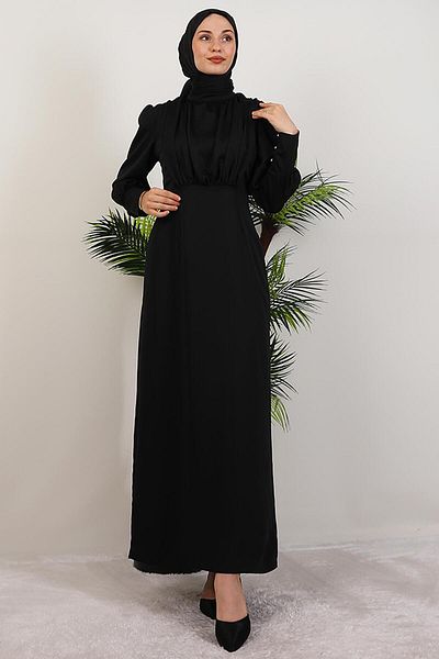 GİYZAMİLA Pleated Satin Dress from the Bust Black