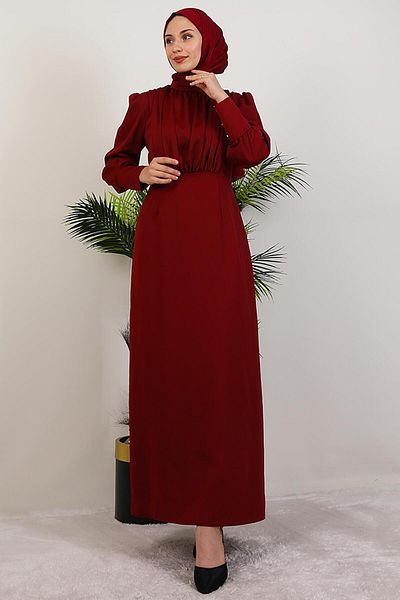 GİYZAMİLA Pleated Satin Dress from the Bust Burgundy