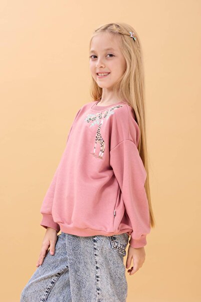 Perendi Κοριτσίστικο Καμηλοπάρδαλη Κεντημένο Εποχιακό Φούτερ Oversize – Dusty Rose