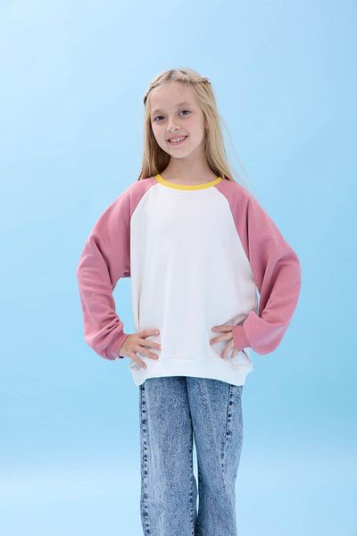 Perendi Girl's Crew Neck Colorful Basic Oversize Seasonal Nursery Sweatshirt - Ecru/Dried Rose