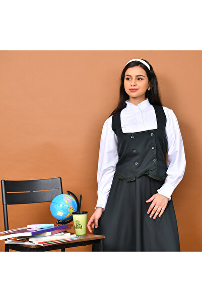 HAWRAA طقم مدرسي بتصميم فرنسي مكون من قطعتين : سديري مع تنورة كلوش- متوسط (زيتي)