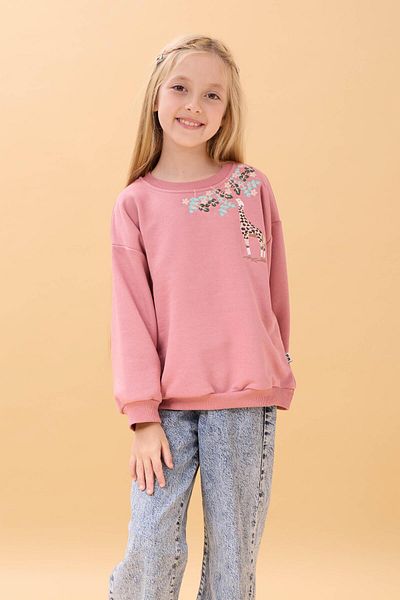 Perendi Girl's Giraffe Embroidered Seasonal Oversize Sweatshirt – Dusty Rose