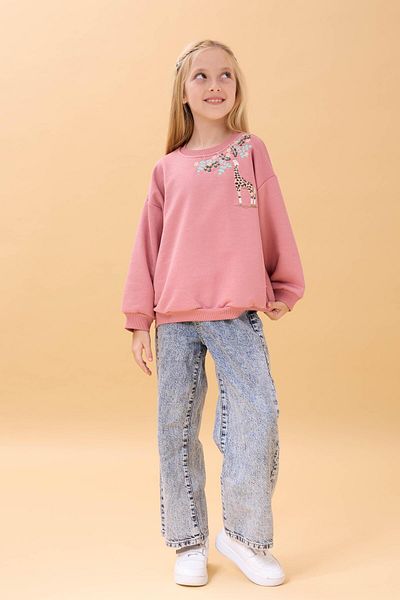 Perendi Girl's Giraffe Embroidered Seasonal Oversize Sweatshirt – Dusty Rose