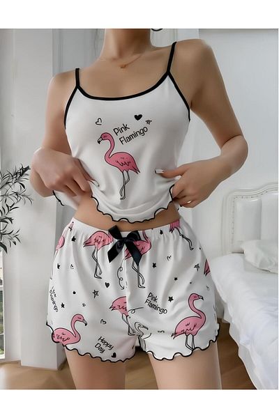 Lotiva Wear Women's Flamingo Patterned Shorts Pajama Set