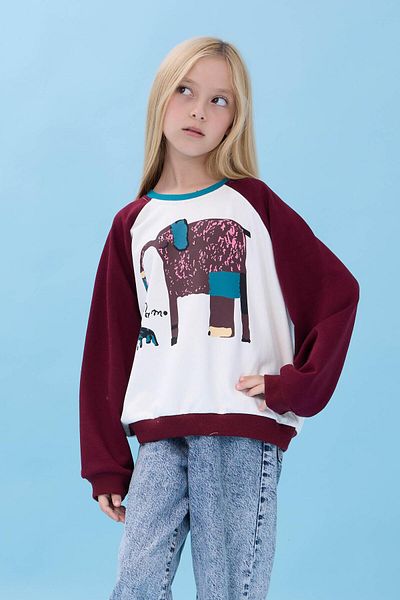 Perendi Girl's Elephant Printed Crew Neck Oversize Seasonal Sweatshirt - Ecru/Burgundy
