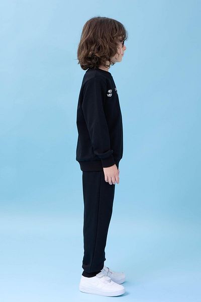 Perendi Boy's Crew Neck Printed Seasonal Top and Bottom Set - Black