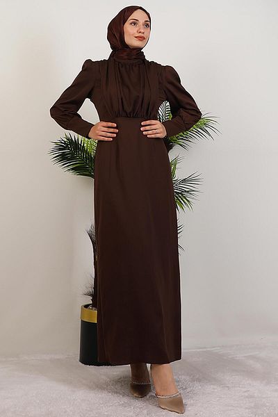 GİYZAMİLA Pleated Satin Dress from the Bust Bitter Brown