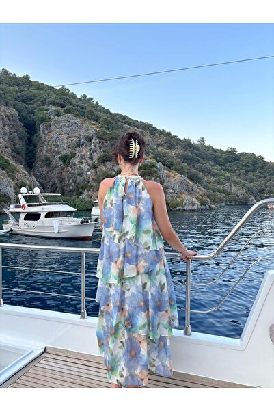 Sude Kızanlıklı Çiçek Desenli Deniz Kabuğu Detaylı Kat Elbise