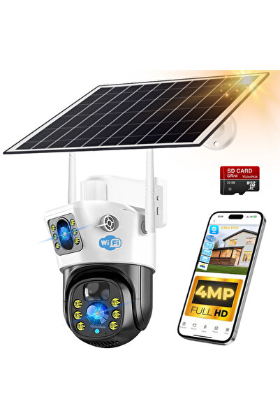 VisionHub Dual Surveillance Camera, Solar Charging, 12000mAh Battery, 10 w So...