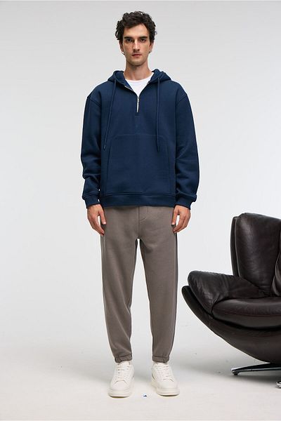 GRIMELANGE Justus Men's Hooded Kangaroo Pocket Zipper Collar Navy Blue Sweatshirt