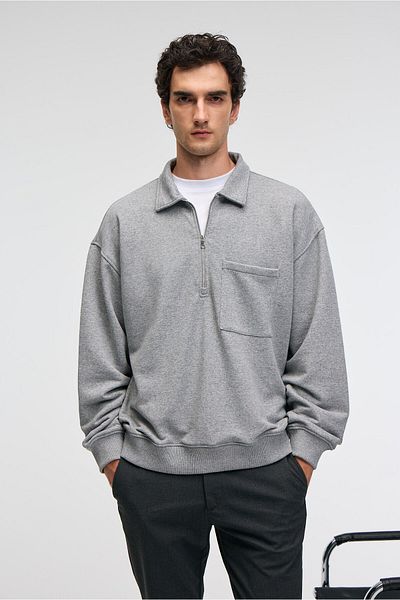 GRIMELANGE August Men's 100% Cotton Half Zip Collar Pocket Ornamental Label Grimelange Sweatshirt