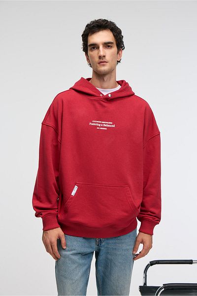 GRIMELANGE Clay Men's 100% Cotton Hooded Snap Fastener Printed Pocket Ornamental Label Red Sweatshirt