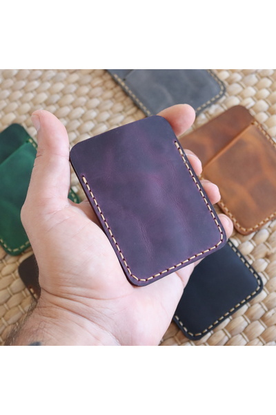 Derici Amca One Shot Genuine Leather Minimal Vertical Card Holder Purple