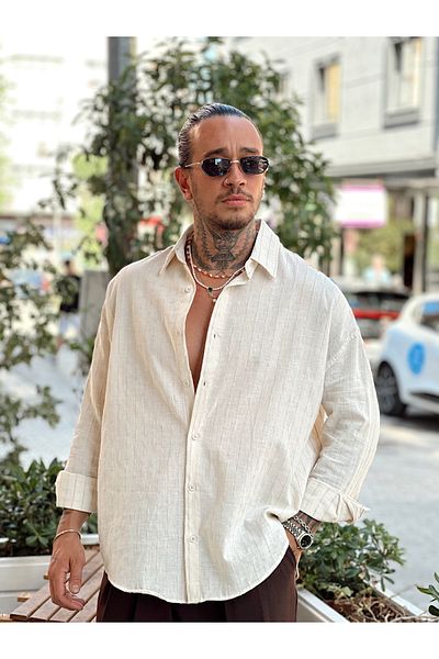manch collection Oversize Striped Linen Shirt Cream