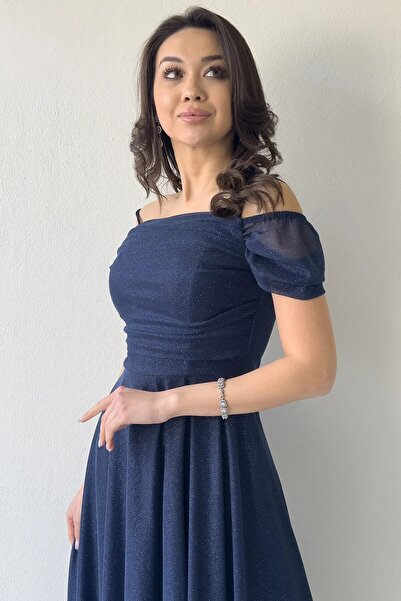 zoezoe Kadın Midi Boy Kloş Askılı Düşük Omuz Abiye Elbise Beyaz, Lacivert, Lila, Mor, Siyah