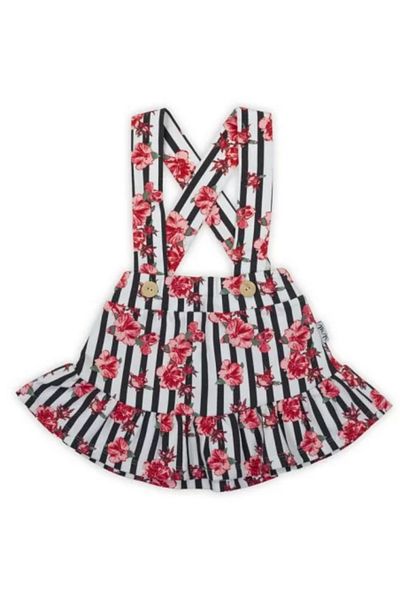 Nicol Pink suspenders skirt with black stripes and flowers NANA size 116