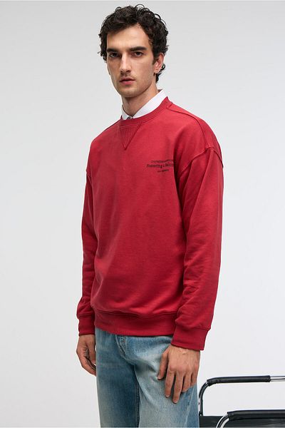 GRIMELANGE Caspian Men's 100% Cotton Crew Neck Karyoka Stitched Printed Red Sweatshirt
