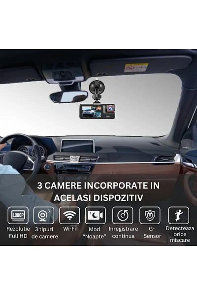 VisionHub Full HD 1080P Triple Dash Camera, WIFI, Adjustable G-Sensor, Phone App, Night Vision, Loop Recording