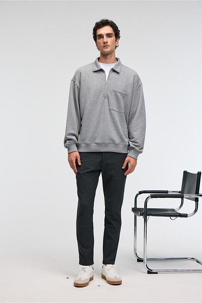 GRIMELANGE August Men's 100% Cotton Half Zip Collar Pocket Ornamental Label Grimelange Sweatshirt