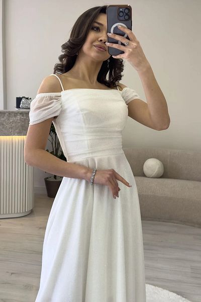 Zoe Zoe Women Midi Length Flared Straps Off Shoulder Evening Dress White, Navy Blue, Lilac, Purple, Black