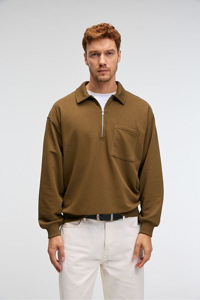 GRIMELANGE August Men's 100% Cotton Half Zip Collar Pocket Ornamental Label Khaki Sweatshirt