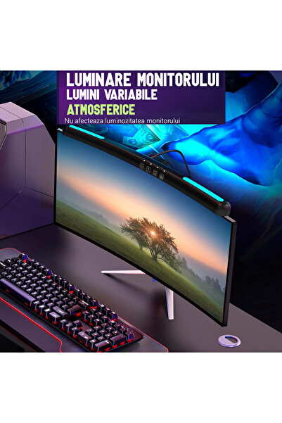 VisionHub Lampă LED pentru monitor curbat, iluminare de fundal RGB pentru gaming, protecție pentru ochi, reglabilă cu 7 culori