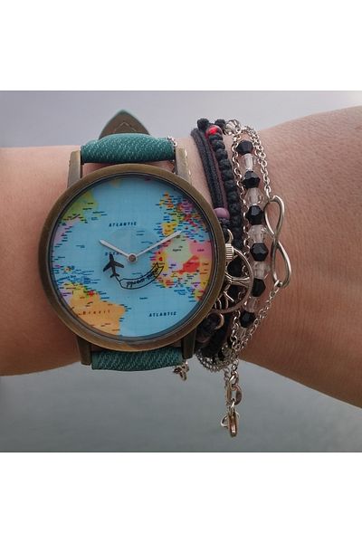 Skymag Watch with Globe Design, world map, Airplane Hand, Leather, Quartz, Analog, Green Strap