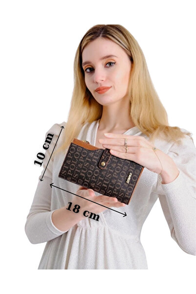 Alihamzaoğlu Women's Brown Tan Wallet with Coin Compartment, 20 Card Capacity, Zipper and Snap Closure