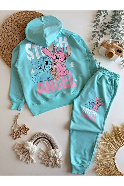 aybabykids طقم رياضي بناتي بقلنسوة مطبوع عليه ستيتش مكون من قطعتين