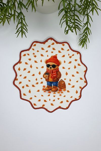 decofav Autumn Fashion Teddy Bear Patterned Embroidery Edge Fabric Cocktail Napkin 1 Piece