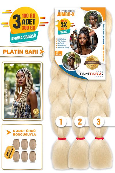 TAM TARZ 3Pcs Fiber Synthetic Hair for African Braiding - Platinum Blonde + 6Pcs Braiding Beads