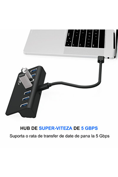 FİDECO Hub USB cu 7 porturi USB 3.0, FIDECO, Tip-C, Aluminiu, 350mb/s, Alimentare PC/Priză, 5 Gbps, Negru