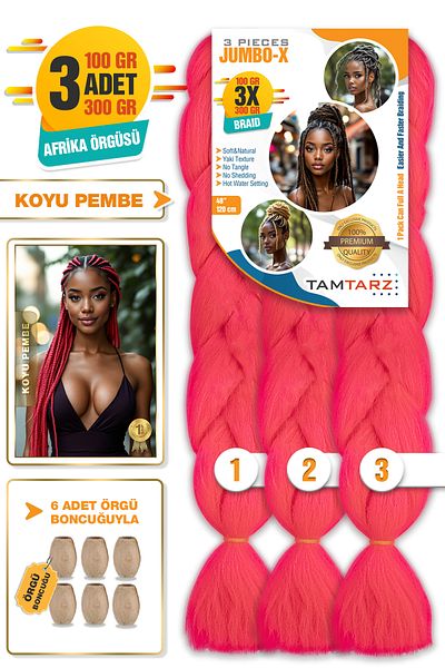 TAM TARZ 3Pcs Fiber Synthetic Hair for African Braiding - Dark Pink + 6Pcs Braiding Beads